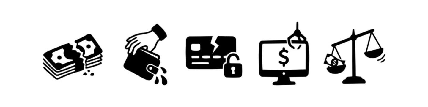 Hand-drawn doodle icons representing financial loss and cybercrime. Features torn cash, stolen wallet, broken credit card, hacking, and unbalanced scales in a minimalist black and white style.