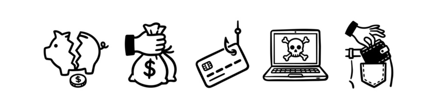 Set of black line icons depicting financial crime, including a broken piggy bank, stolen money bag, credit card phishing, laptop hacking, and pickpocketing. Vector illustration on white background.