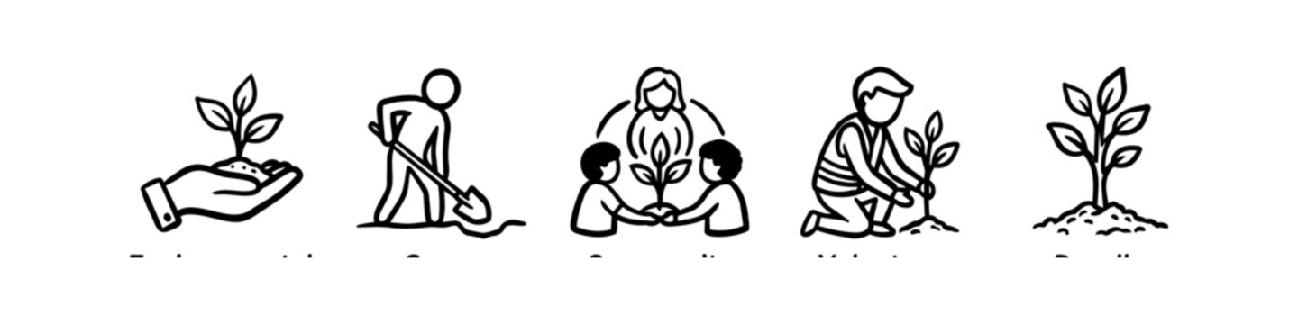 Set of minimalist black line icons depicting tree planting, reforestation, and community environmental conservation efforts. Ideal for sustainability, ecology, and volunteer projects.
