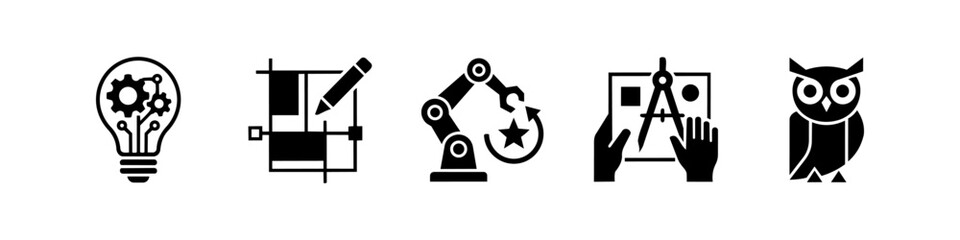 Obraz premium A collection of black icons depicting engineering, innovation, architectural design, robotic automation, and wisdom. Minimalist symbols for STEM, technology, and professional services.
