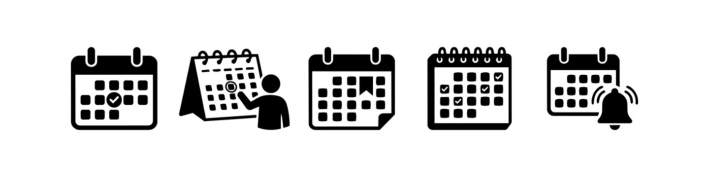 Set of minimalist black calendar icons representing scheduling, event planning, and time management. Features include checkmarks, reminders, and deadline tracking for business and organization.