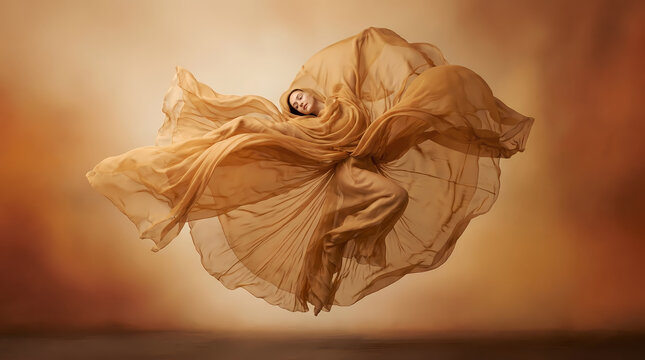 Graceful female dancer jumping in mid air wrapped in flowing elegant golden silk cloth dynamic fine art studio photography on monochrome brown background