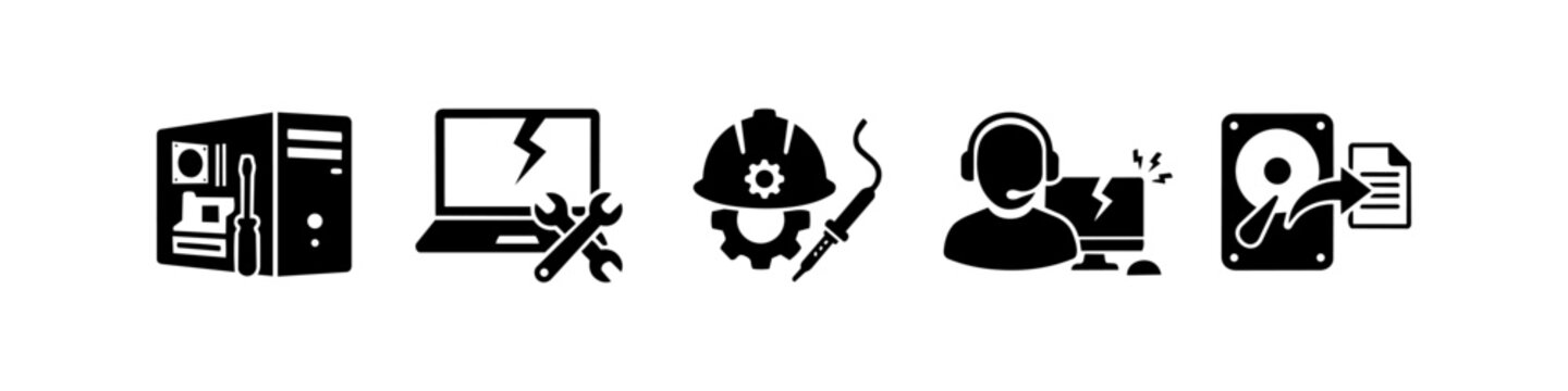 Set of computer repair and technical support icons including PC maintenance, broken laptop screen, hardware soldering, customer service, and data recovery services.