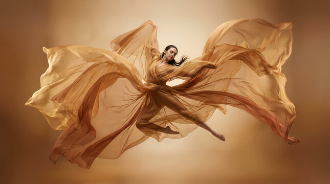 Graceful female dancer jumping in mid air wrapped in flowing elegant golden silk cloth dynamic fine art studio photography on monochrome brown background