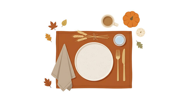 A vector graphic illustration of a Thanksgiving table setting with a plate, utensils, and fall decorations on a brown placemat.