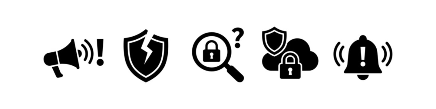 Set of flat black security icons including alert megaphone, cracked shield, magnifying glass search, cloud data protection, and notification bell on white background.