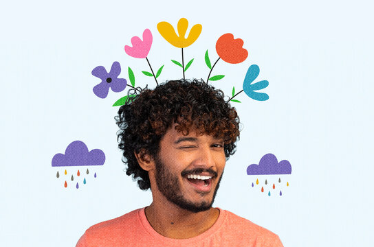 Happy Young Man Winking With Joyful Expression, Surrounded By Colorful Flowers And Clouds, Illustrating A Positive Vibe In A Creative Graphic Design. Great For Lifestyle And Cheerful Concepts