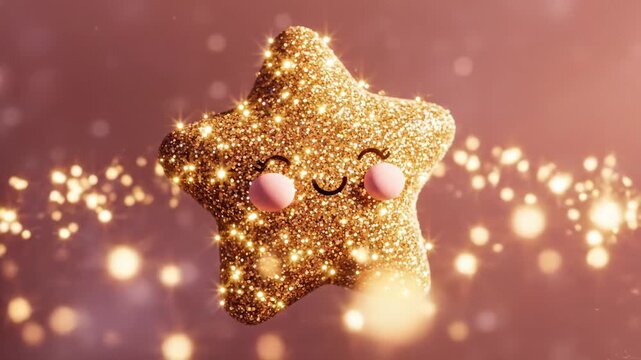 Cute golden glitter star character floating and sparkling on pink background for holiday and celebration content