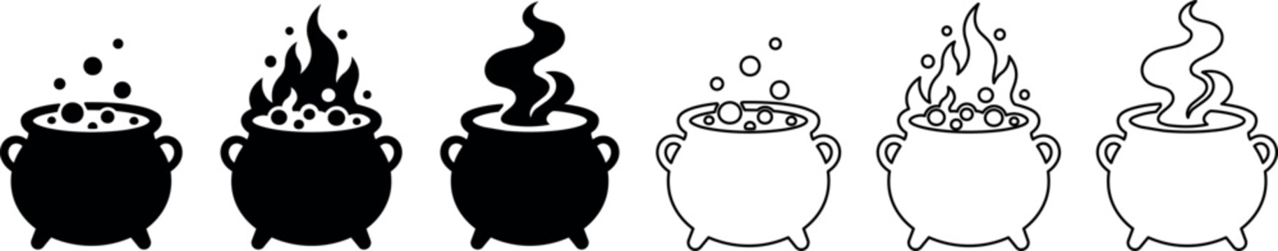 A set of three cauldrons with bubbles, flames, and steam in black vector style, ideal for Halloween themes and magical designs