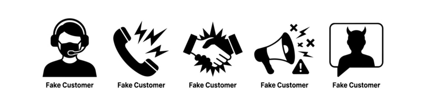 A set of minimalist black icons representing fake customers and fraudulent interactions. Includes concepts like identity deception, aggressive calls, bad deals, and malicious online behavior.