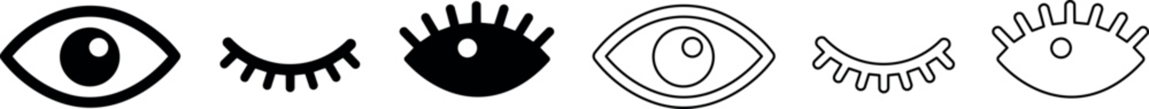 A set of eye illustrations featuring a closed eye, an open eye, and a winking eye in black and white minimalist vector style, suitable for beauty and cosmetic branding