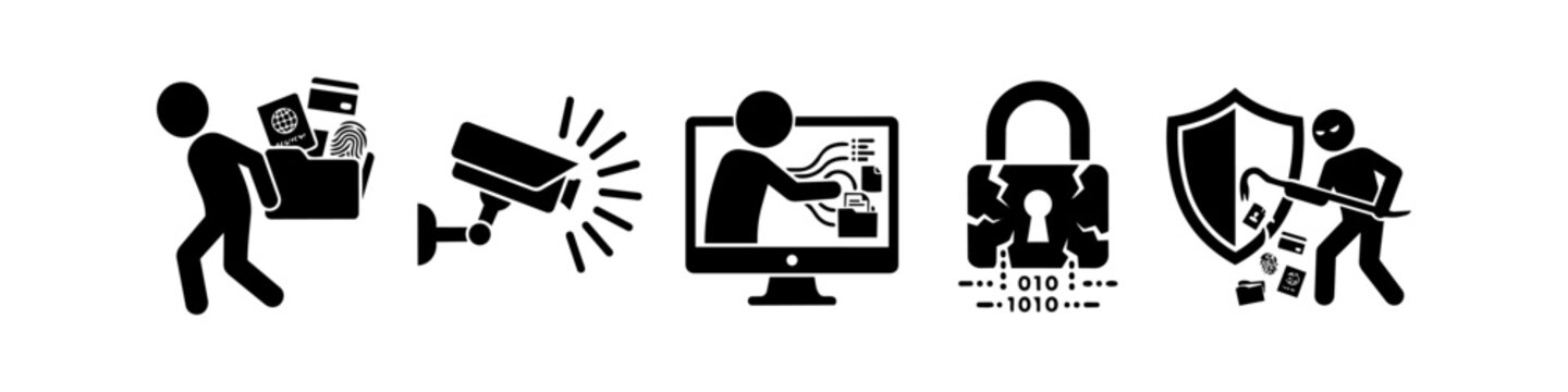 Set of black and white icons representing cybercrime, identity theft, data breaches, and digital security concepts. Includes hacking, surveillance, and stolen personal information pictograms.