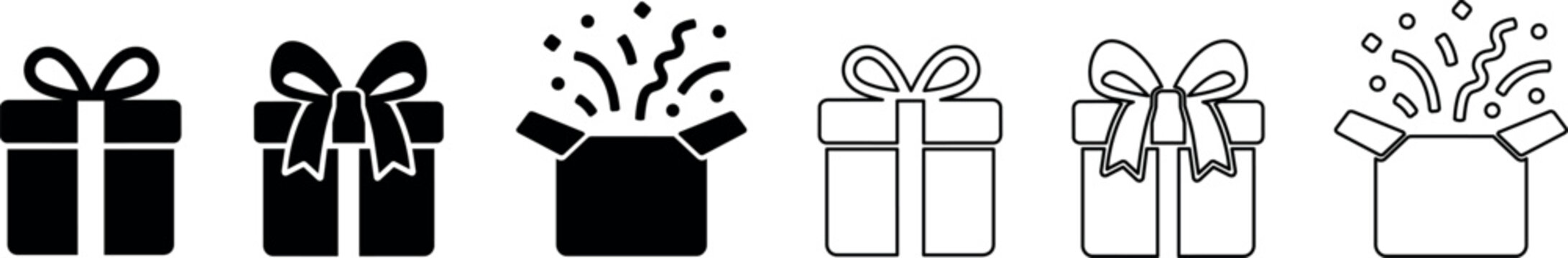 A set of gift boxes with ribbons and an exploding box in black and white minimalist vector style, ideal for festive designs