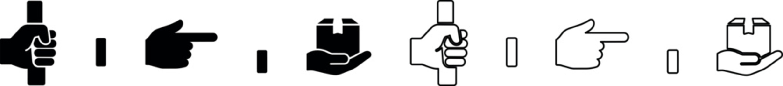 A set of hand gesture icons including a grasping hand, a pointing finger, and a hand holding a package in minimalist black vector style, ideal for logistics and delivery services