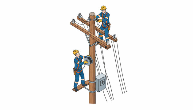 Electricians working on power lines, utility maintenance concept, industrial workers