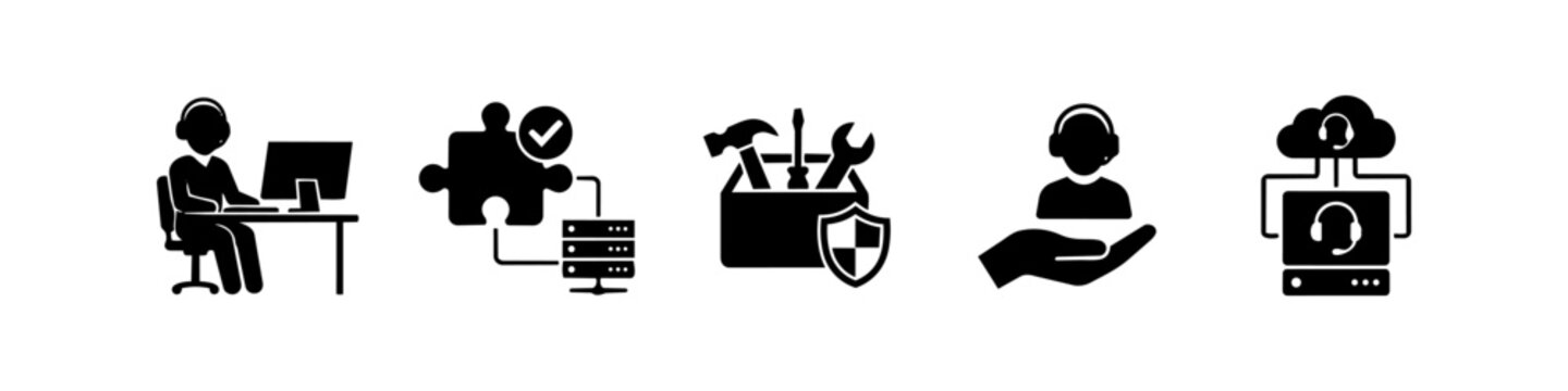 Professional black and white vector icon set representing technical support, IT services, customer care, cloud computing solutions, and system maintenance for business and enterprise use.