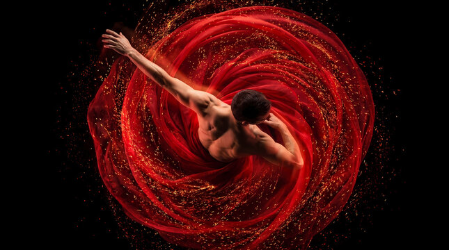 Graceful man dancing in elegant pose surrounded by swirling vibrant red fabric and glowing neon light streaks on a dark studio background