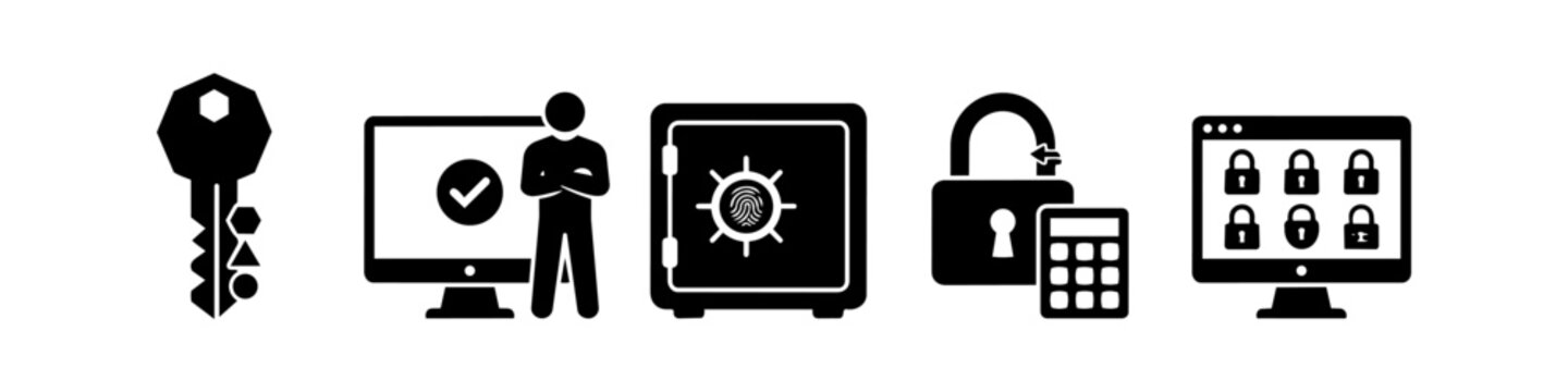 A collection of black security icons including a biometric safe, geometric key, computer monitors with padlocks and checkmarks, and an authenticated user representing digital safety.
