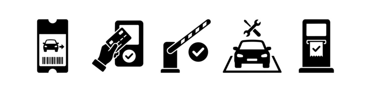 Set of car parking and automotive service icons. Includes parking ticket, card payment, automatic gate barrier, vehicle maintenance, and ticket dispenser machine. Flat vector design.