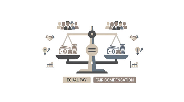 A vector graphic illustration of a scale balancing equal pay and fair compensation