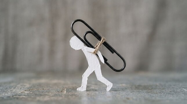 A white paper figure struggles forward, carrying a massive black paperclip tied to its back with twine. It vividly portrays the crushing weight of administrative office burdens.