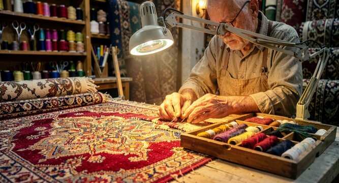 Senior master restorer repairing a vintage hand knotted red Persian carpet under workshop lamp light.

