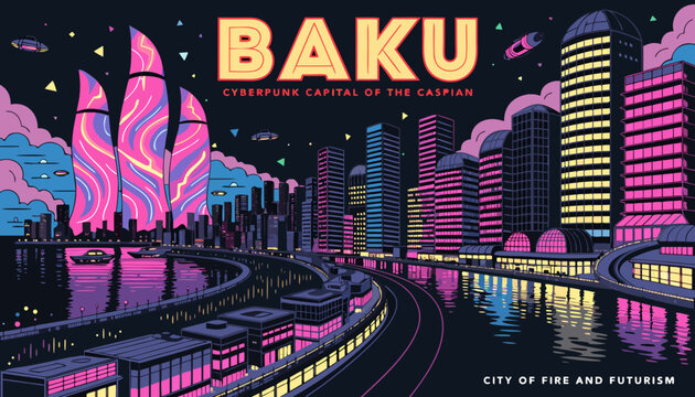 Very beautiful Baku cyberpunk poster featuring the Flame Towers glowing with holographic energy, futuristic waterfront districts, reflective neon boulevards, advanced architecture, and a spectacular r