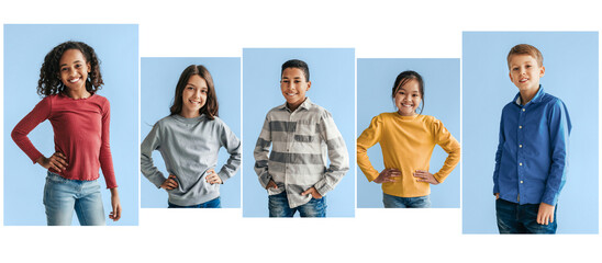 Obraz premium Happy Diverse Children Smiling Together In Studio, Posing In Front Of Camera With Casual Clothing, Expressing Friendship And Joy In A Bright Background. Embracing Diversity And Unity