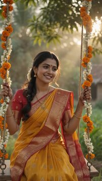 Indian woman in a traditional saree smiles joyfully on a flower-decorated swing