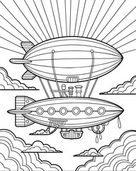 Dirigibles flying through the clouds with sun rays in the, line art illustration and coloring book, hand drawn © lok0077