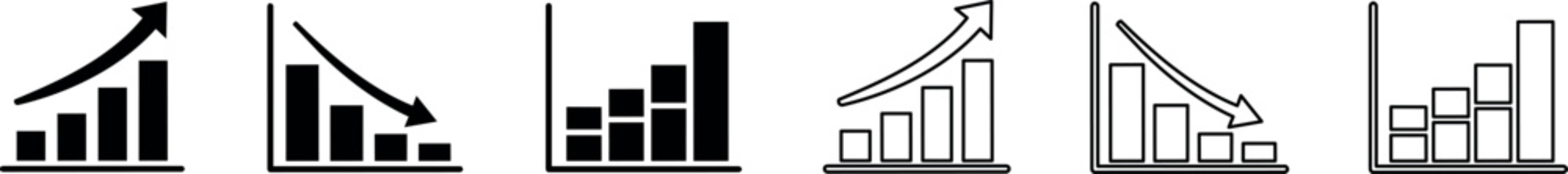A collection of three data charts depicting growth, decline, and steady performance in flat black vector style, ideal for business presentations and analytics