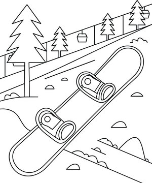 Snowboard on snowy slope with pine trees and ski lift gondola overhead illustration and winter sport, season