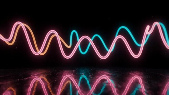 Abstract neon sound wave lines with reflections on dark surface