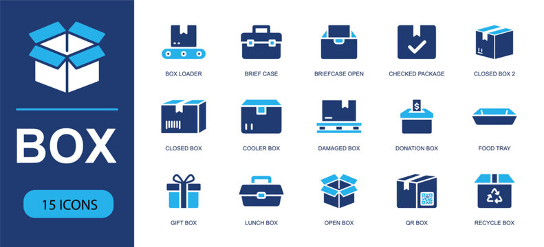 Box and packaging icon set containing box loader, briefcase, open box, checked package, closed box, cooler box, gift box, lunch box, recycle box and more, modern solid fill vector icons.