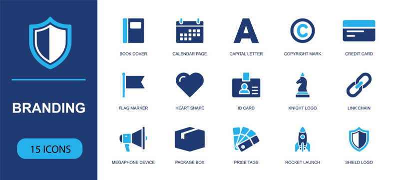 Branding icon set. Containing shield logo, megaphone, price tags, rocket launch, credit card, link chain, copyright mark, id card, calendar page and more. Solid fill vector icons.