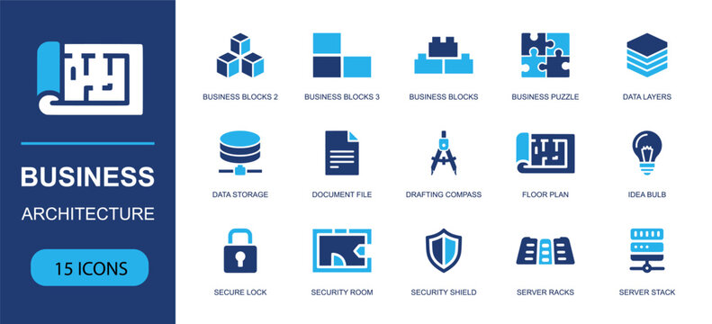 Business architecture icon set. Containing business blocks, puzzle, data layers, storage, document, floor plan, idea bulb, secure lock, server racks and more. Solid fill vector icons.