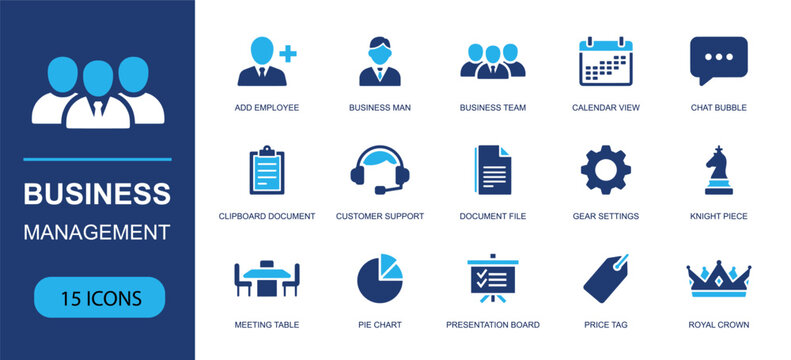 Business management icon set. Containing add employee, business team, calendar view, customer support, document file, meeting table, pie chart, price tag and more. Solid fill vector icons.