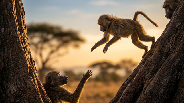 Two baboons interacting on trees at sunset in savanna