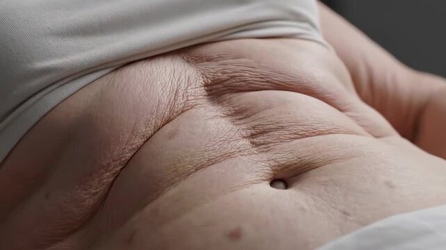 Close-up of a womans abdomen showing the healing process after a tummy tuck surgery, with visible scars and skin folds.