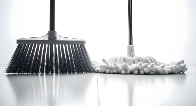 Broom and mop positioned on a clean white surface, representing household cleaning, sanitation, maintenance, hygiene practices, janitorial services, and domestic organization.