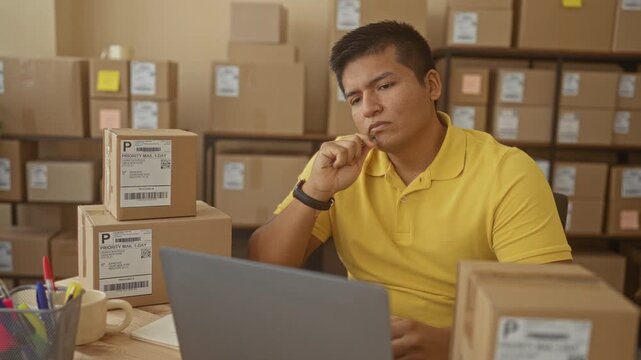 Man in yellow polo biting pen at laptop amid stacked shipping boxes and labels in small business packing area inside building; ecommerce concern.