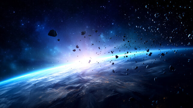 Earth Orbit Space Debris Field Above Blue Planet, Satellite Wreckage and Asteroid Fragments in Deep Space, Global Technology Risk, Orbital Collision, Cosmic Danger, Space Explorati