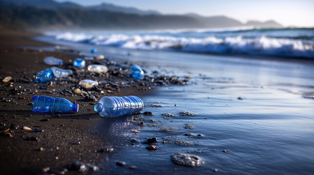 Marine Plastic Waste on Wet Sandy Beach, Discarded Bottles Along Ocean Shore, Environmental Pollution Concept, Save the Ocean, Coastal Cleanup, Sustainability and Ecology Stock Ima