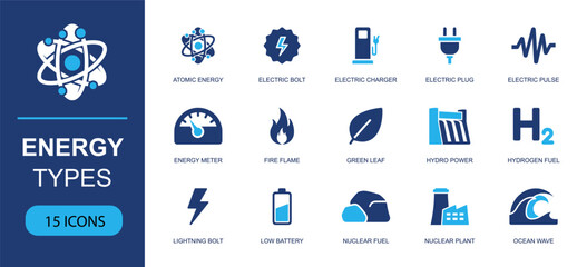 Energy types icon set. Containing atomic energy, electric charger, power plug, renewable leaf, hydro dam, hydrogen fuel, nuclear plant, ocean wave, flame and more. Solid fill vector icons. © Ella
