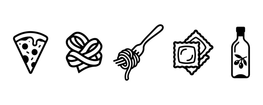 Italian food icon set outline pizza pasta spaghetti ravioli and olive oil for restaurant app UI