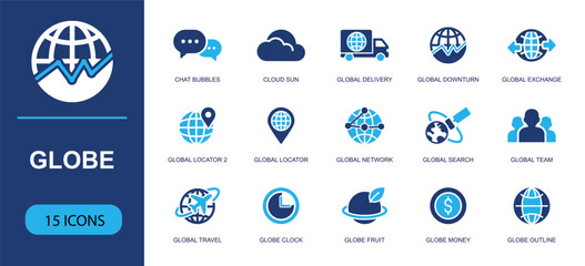 Global business icon set. Containing chat bubbles, cloud sun, global delivery, global exchange, globe locator, global network, global travel, globe money and more. Solid fill vector icons. © Ella