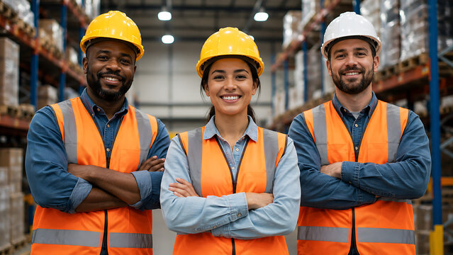 Group worker in safety hat arms crossed smiling teamwork proud of success at warehouse, Logistic inventory teamwork concept