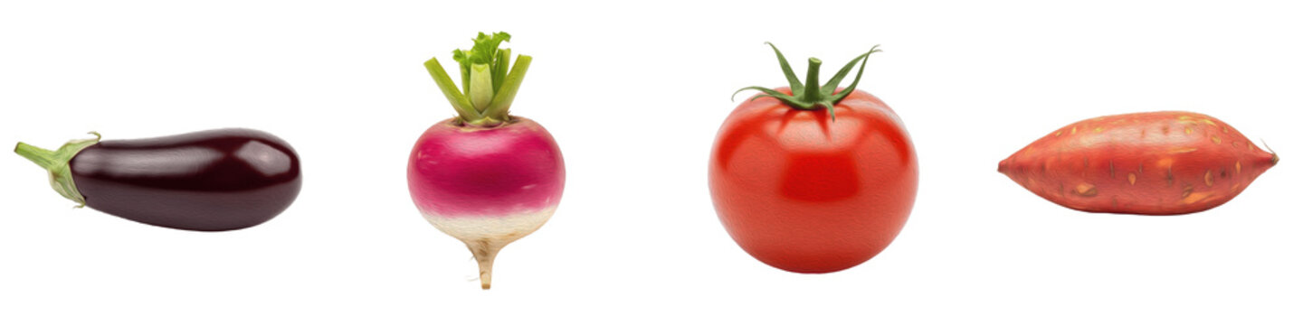 3D Realistic Fresh Vegetables Set Isolated on Transparent Background: Eggplant, Radish, Tomato, and Sweet Potato for Healthy Eating, Cooking Recipe, Grocery Store Retail, Organic Farming, and Culinary