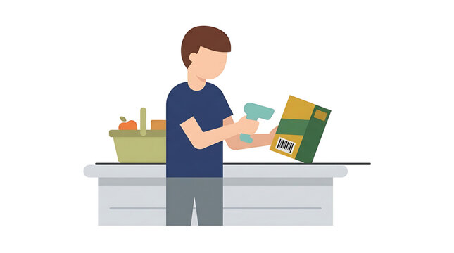 A man scanning a grocery item with a barcode scanner at a checkout counter