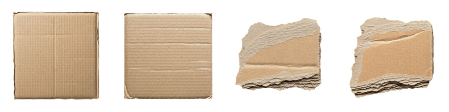Collection of brown corrugated cardboard pieces and torn kraft paper fragments isolated on white background, set of square blank shipping box scraps and ripped cardboards with ragged edges for craft e